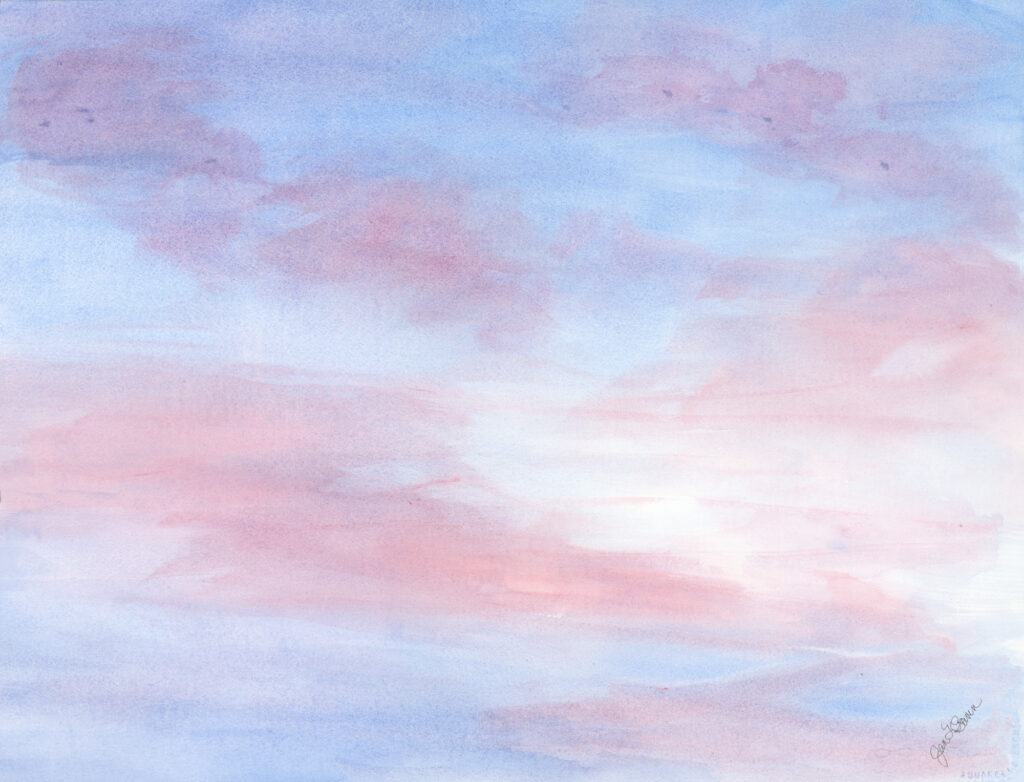 Abstract watercolor of a pastel sky with blue and pink tones and a subtle textured surface, signature bottom-right.